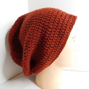 Brown Slouch Roll Up Beanie OS Handmade Crochet Hand Knit Warm Hat NWT
